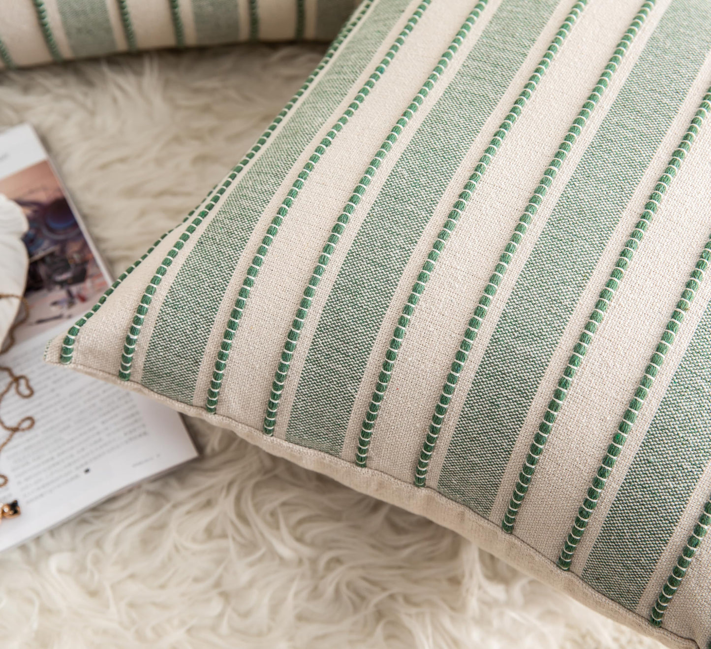 Cethom Decorative Boho Throw Pillow Covers, Farmhouse Textured Pillow Case, 20 x 20 Inch Set of 2, Chair Sofa Bedroom Living Room Home Decor Couch Cushion Case, Green and Beige Striped