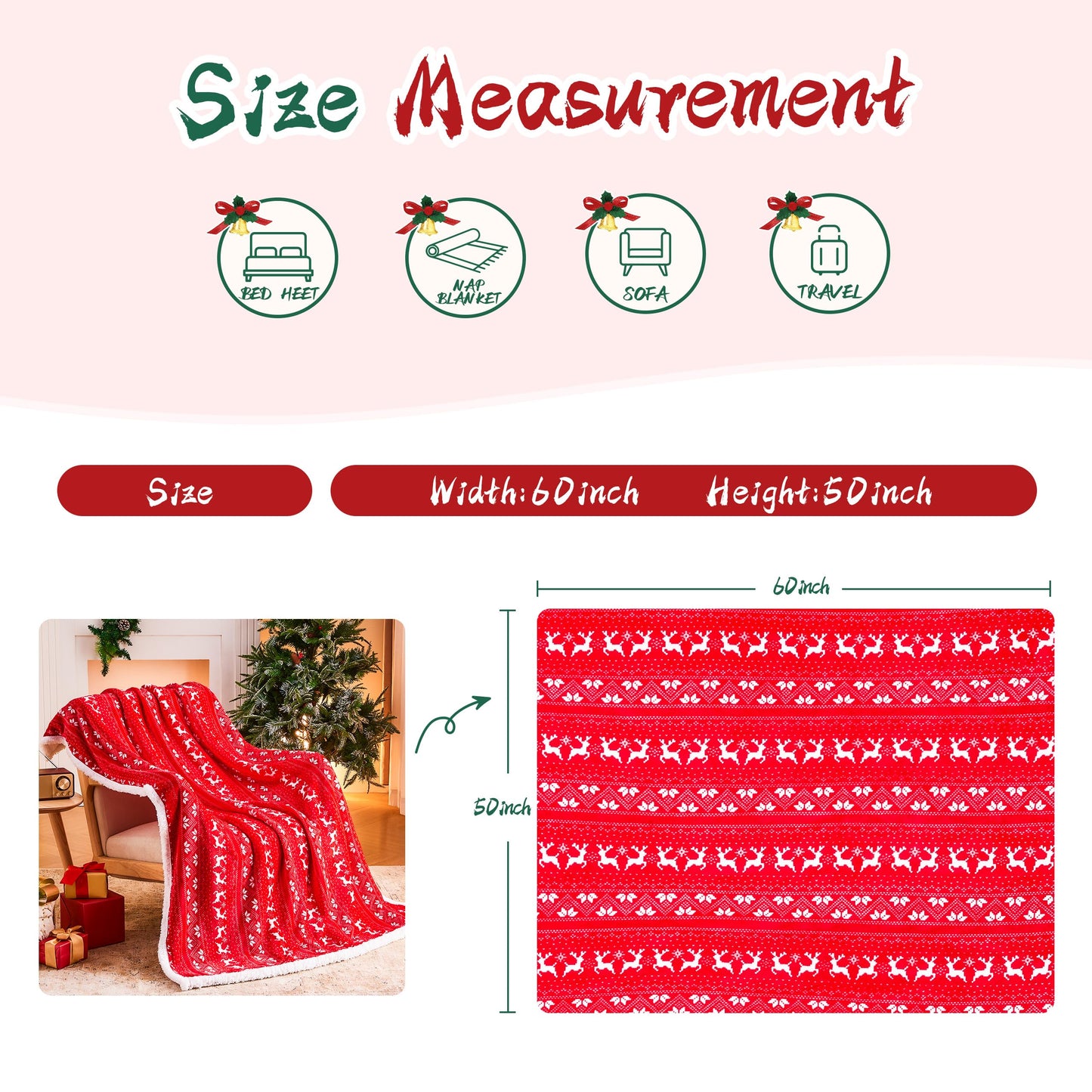 Ramees Christmas Throw Blanket, Christmas Decorations Blankets and Throws, Fuzzy Cozy Soft Warm Fleece Sherpa Winter Holiday Blanket for Bed Couch Sofa Reindeer Snowflakes