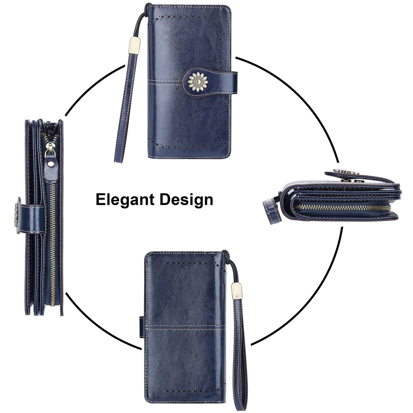 Lavemi Womens Large Capacity Genuine Leather RFID Blocking Wallets Wristlet Clutch Card Holder(1- Blue)