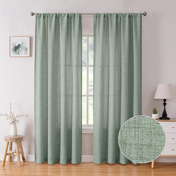Tollpiz Linen Curtain Bedroom Rod Pocket Semi Sheer Curtains Burlap Light Filtering Thick Linen Drape for Living Room, 54 x 63 inches Long, Sage Green, Set of 2 Panels