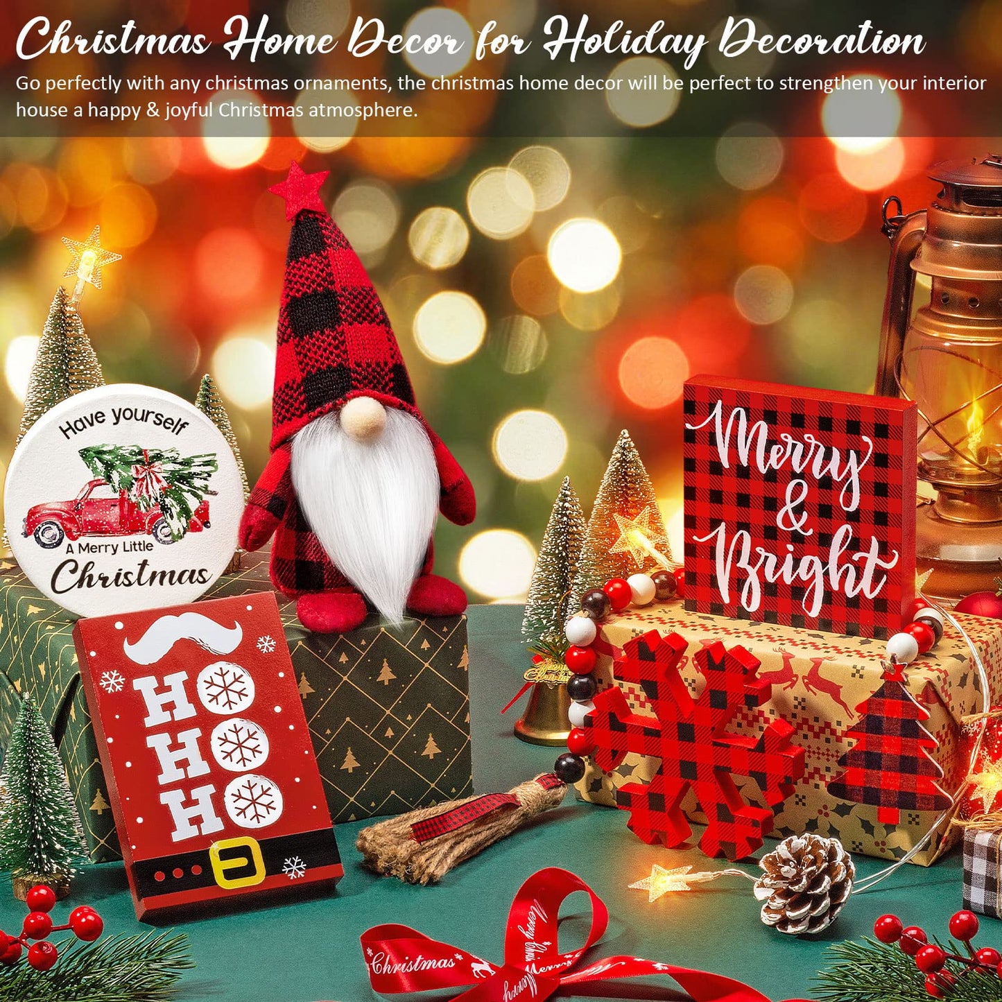 Christmas Tiered Tray Decor 6 PCS Xmas Decorations for Home - Xmas Table Decor Wooden Signs & Buffalo Plaid Gnome Plush Set - Farmhouse Christmas Tray Decoration Kitchen Table Mantel