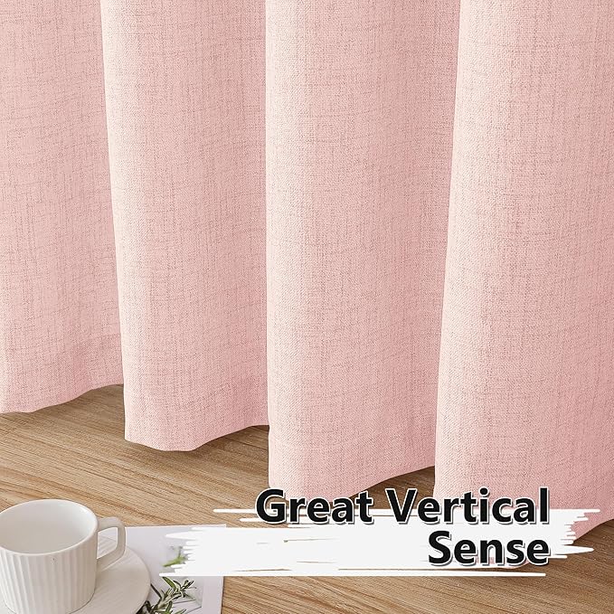 Tollpiz Linen Curtains Bedroom Rod Pocket Semi Sheer Curtain Burlap Light Filtering Thick Linen Drapes for Living Room, 54 x 84 inches Long, Pink, Set of 2 Panels