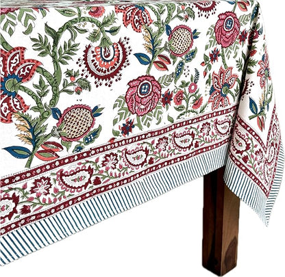 ATOSII Ruby 100% Cotton Rectangle Summer Tablecloth, Block Print Floral Table Cloth for Dining Table, Parties, Weddings, Outdoors Grand Millenial Decor I 60 X 90 Inches I 6 Seater I