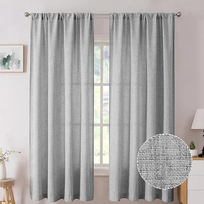 Tollpiz Linen Curtains Living Room Rod Pocket Semi Sheer Curtain Burlap Light Filtering Thick Linen Drapes for Bedroom, 38 x 63 inches Long, Silver Grey, Set of 2 Panels