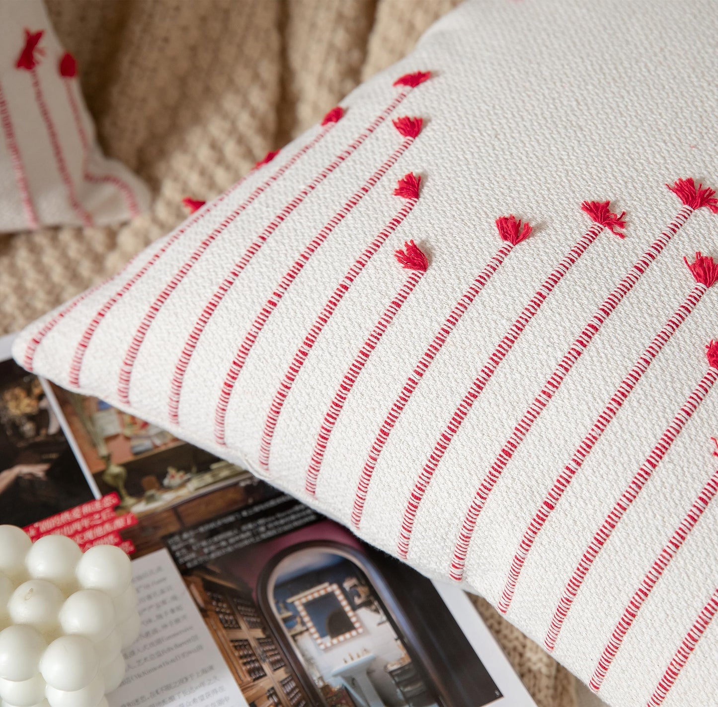 Caflife Boho Christmas Throw Pillow Covers 18x18 Set of 2, Christmas Decorations Pillow Covers Beige with Red Line for Modern Farmhouse Couch Sofa Bedroom Living Room Outdoor