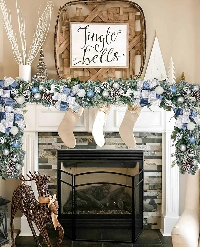 Christmas Garland for Front Door, 6 Foot Artificial Unlit Winter Garland with Pine Cones, Berry Clusters, Blue Ball Ornaments and Ribbons for Thanksgiving Holiday Christmas Decoration