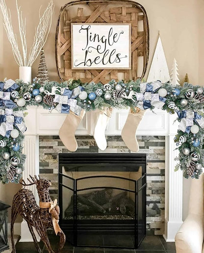 Christmas Garland for Front Door, 6 Foot Artificial Unlit Winter Garland with Pine Cones, Berry Clusters, Blue Ball Ornaments and Ribbons for Thanksgiving Holiday Christmas Decoration