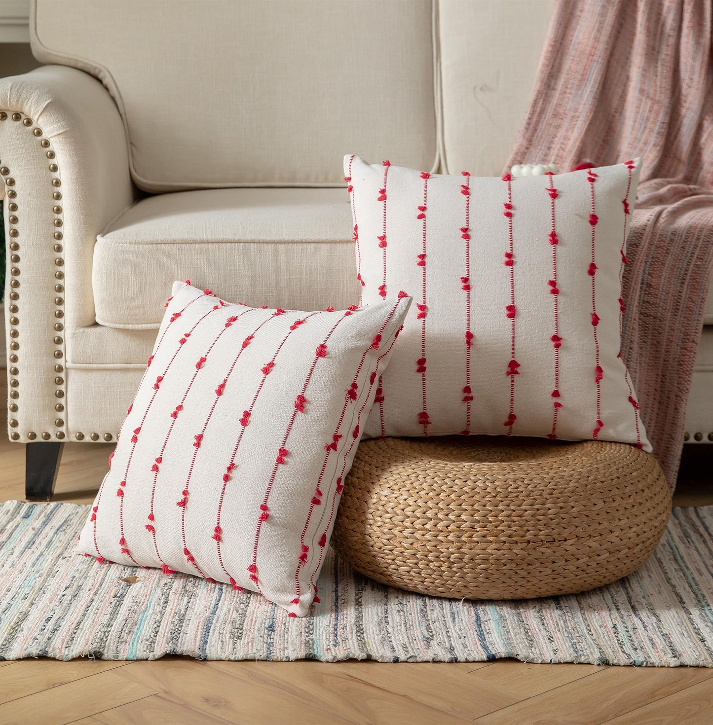 Caflife Boho Christmas Throw Pillow Covers 18x18 inches Beige and Red, Set of 2 Modern Farmhouse Christmas Decorations Pillow Covers for Couch Sofa Bed, Living Room