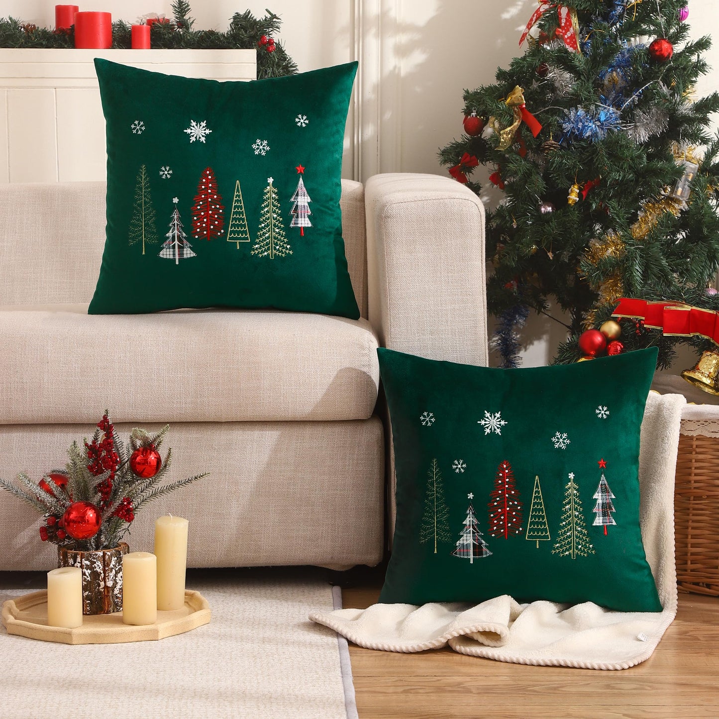 Tosleo Christmas Pillow Covers 18x18 Set of 2 Xmas Trees with Snowflake Embroidery Throw Pillow Covers Christmas Dec Velvet Pillowcases Forest Green Cushion Pillow Cases Soft Square Holiday Pillowcase
