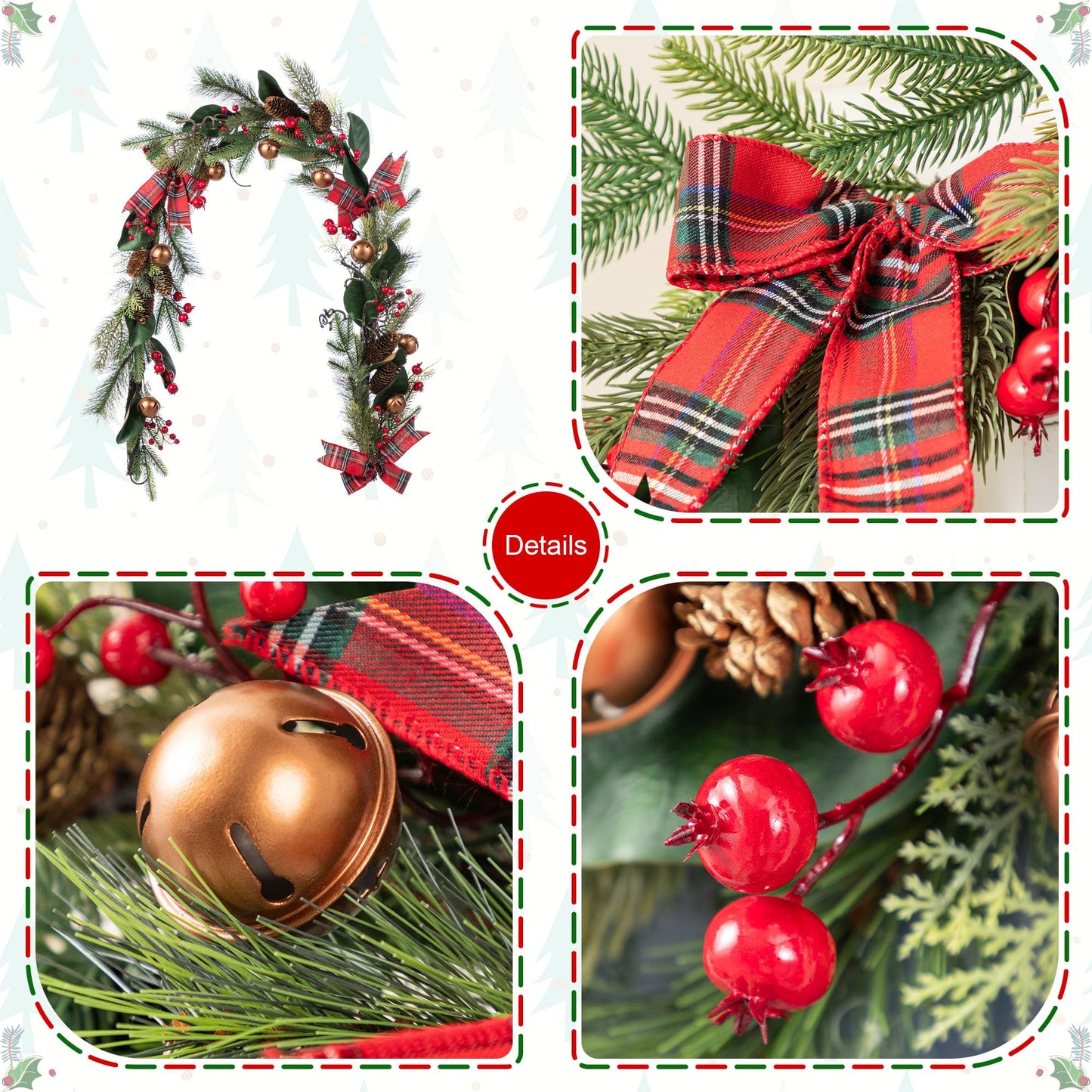 Glitzhome 6FT Christmas Garland with Bells, Pinecones, Berries and Bow Pre-Decorated Artificial Pine Greenery Decoration for Indoor, Fireplace Mantel, Staircase Banister