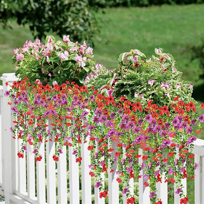 Artificial Fake Hanging Flowers Plants for Outdoor Spring Summer Autumn Decoration, 4pcs Faux Silk Realistic UV Sun Resistant Daisy for Outside Porch Patio Window Box Yard Home Decor (Red Purple)