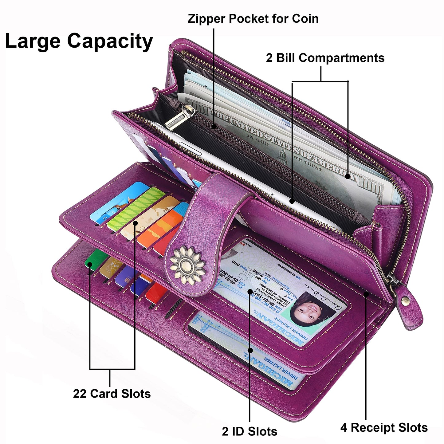 Lavemi Womens Large Capacity Genuine Leather RFID Blocking Wallets Wristlet Clutch Card Holder(Dark Purple)
