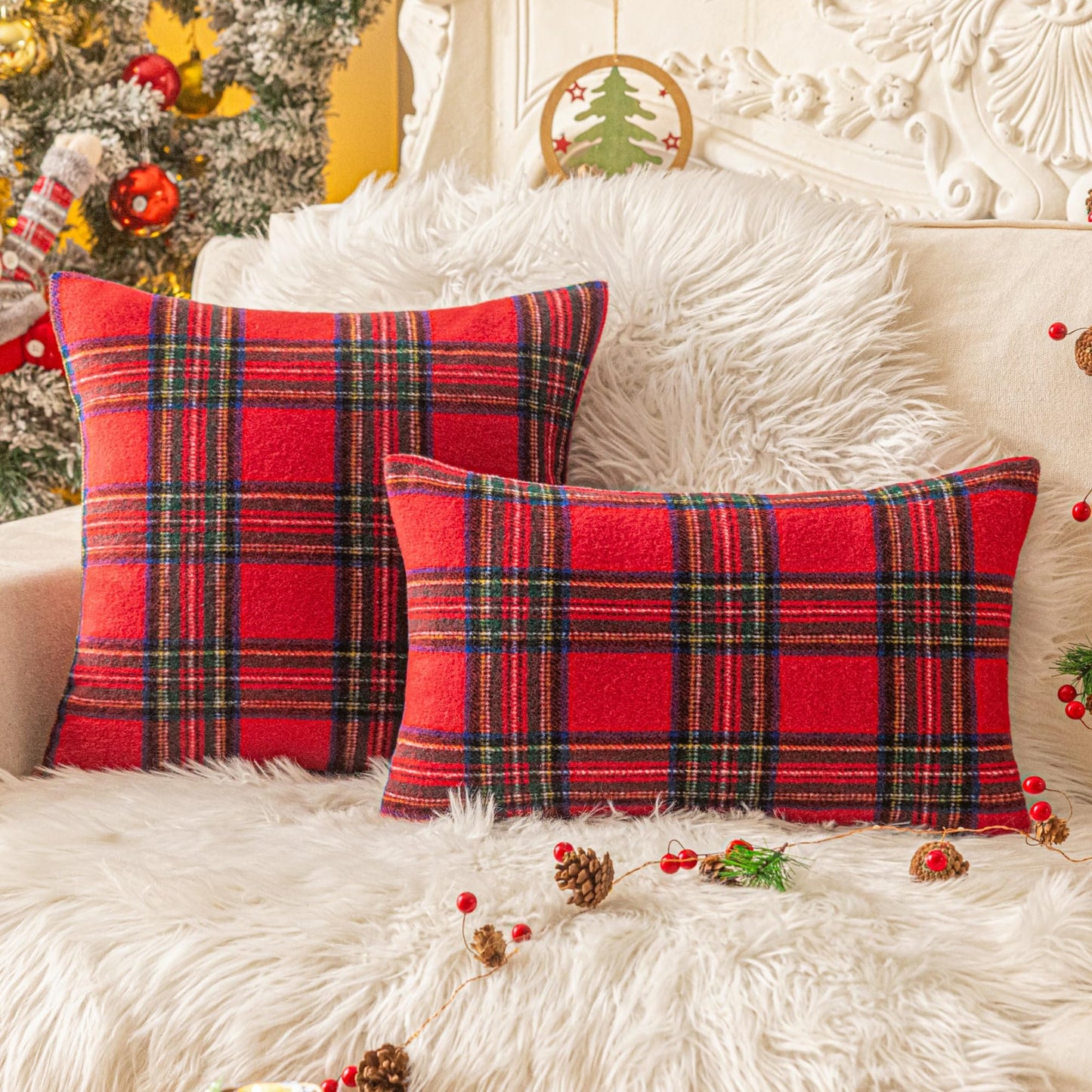 AQOTHES Christmas Plaid Throw Pillow Covers Set of 2 Scottish Tartan Winter Farmhouse Cushion Cover for Couch Sofa Bed Porch Home Holiday Decor Red 18 x 18 Inch