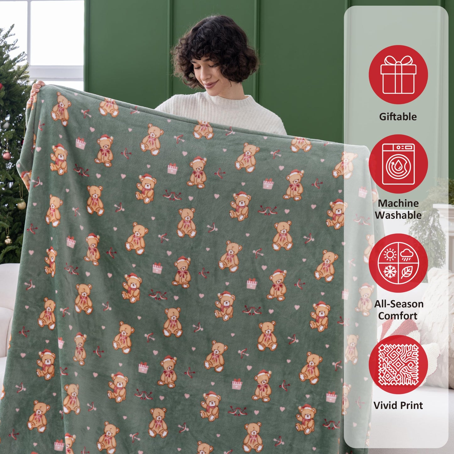 Sushing Christmas Printed Fleece Throw, Soft Plush Warm Festive, Cozy Couch Decor, 60"× 70", Teddy Bears