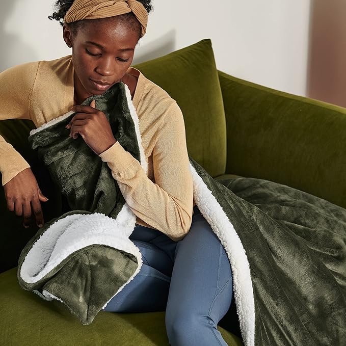 Bedsure GentleSoft Sherpa Fleece Blankets Queen Size for Bed - Thick and Warm Throw for Men, Soft Fuzzy Plush Queen Blanket for Winter, Olive Green, 90x90 Inches