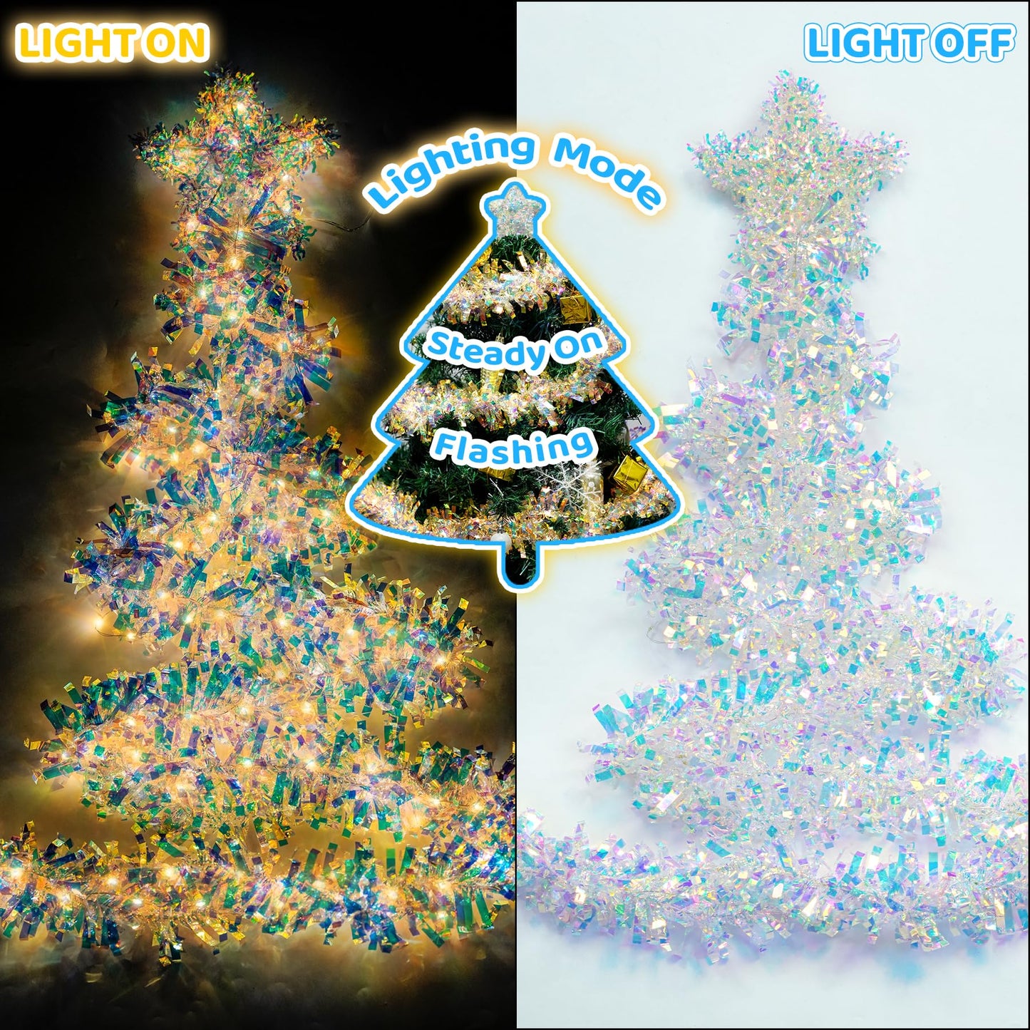Christmas Garland with Lights, 2 Pack 6.5FT Iridescent Tinsel Garlands Battery Operated, Shiny Streamers Garland New Year Decorations, Garland for Wedding Birthday Holiday New Years Eve Party Supplies