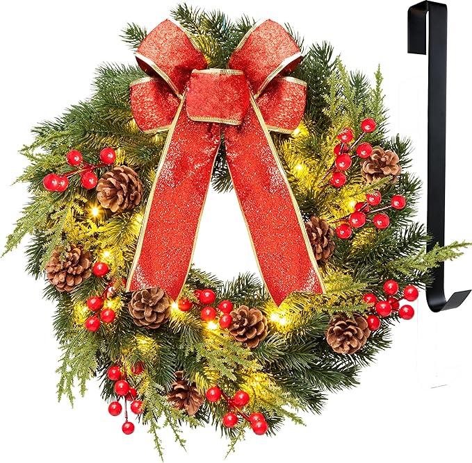 Christmas Wreath 16 Inches, with Metal Hanger, Pre-Lit Artificial Christmas Front Door Wreath Battery Operated with 40 LED Lights Christmas Decorations