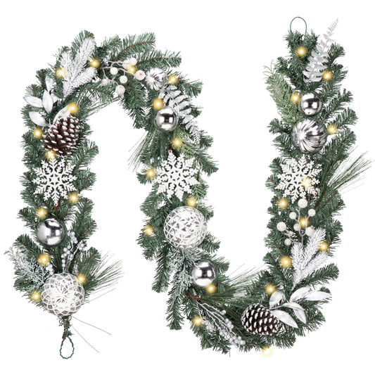 Valery Madelyn 9 Feet Pre-Lit Christmas Garland with Lights for Mantle, Lighted Outdoor Xmas Garland with Silvery White Ball Pinecones for Home Stairs Fireplace Table Centerpiece Indoor Holiday Decor