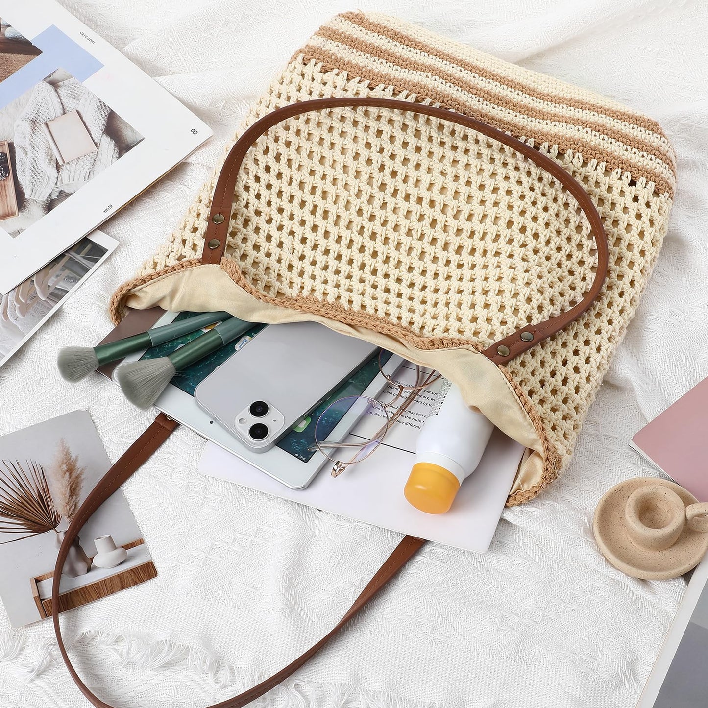 Pleneal Crochet Beach Bags for Women, Summer Beach Tote Bag, Soft Woven Shoulder Bags for Vacation