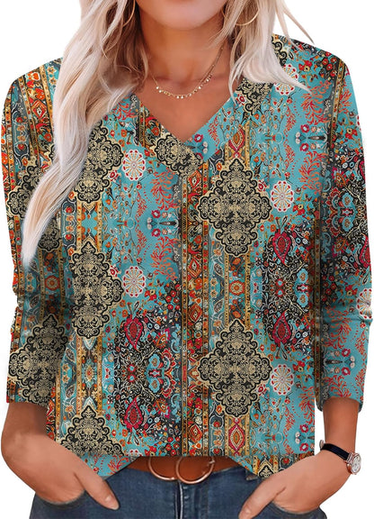 XIEERDUO Long Sleeve Shirts for Women V Neck Fall Tops Basic Tunic Tops Loose Fit Dressy 2025