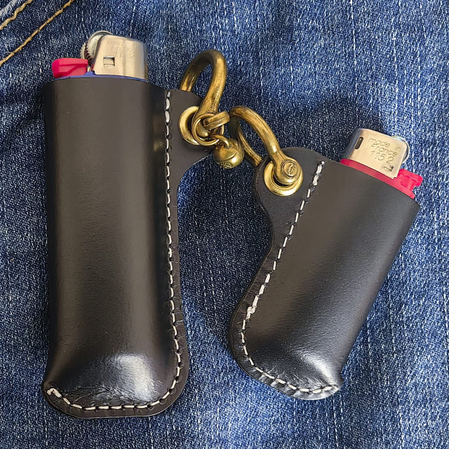 HUMWE Leather Lighter Case Holder for BIC Mini/Standard Size Lighters Sleeve Cover Genuine Leather Case Pouch with Metal Horseshoe Shackles for Keychain Pendant (Black, Mini and Standard)