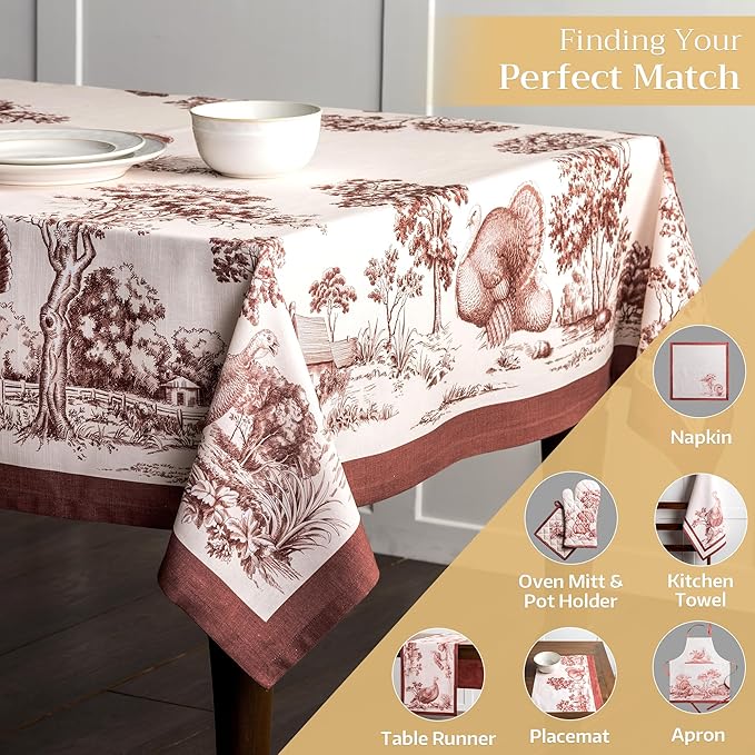 Maison d' Hermine Table Cloth Rectangle Table 100% Cotton 60 x 108 Inches Fall Tablecloth Reusable Everyday Use for Thanksgiving Christmas Decorations Dining Farmhouse Party (Holy Jouy - Brown)