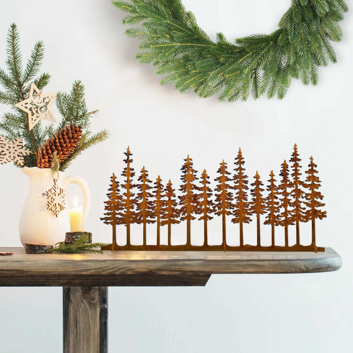 dryelves Metal Pine Tree Decor, Cabin Forest Tree and Nature Rustic Tabletop Decor, Mantel Centerpieces Shelf Decorations, Housewarming Gifts for Home Farmhouse Living Room Bedroom(Rusty)
