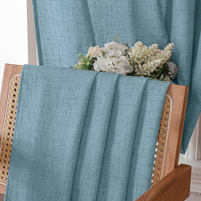 Tollpiz Short Linen Curtain Living Room Rod Pocket Semi Sheer Curtains Burlap Light Filtering Thick Linen Drape for Bedroom, 54 x 45 inches Long, Dusty Blue, Set of 2 Panels