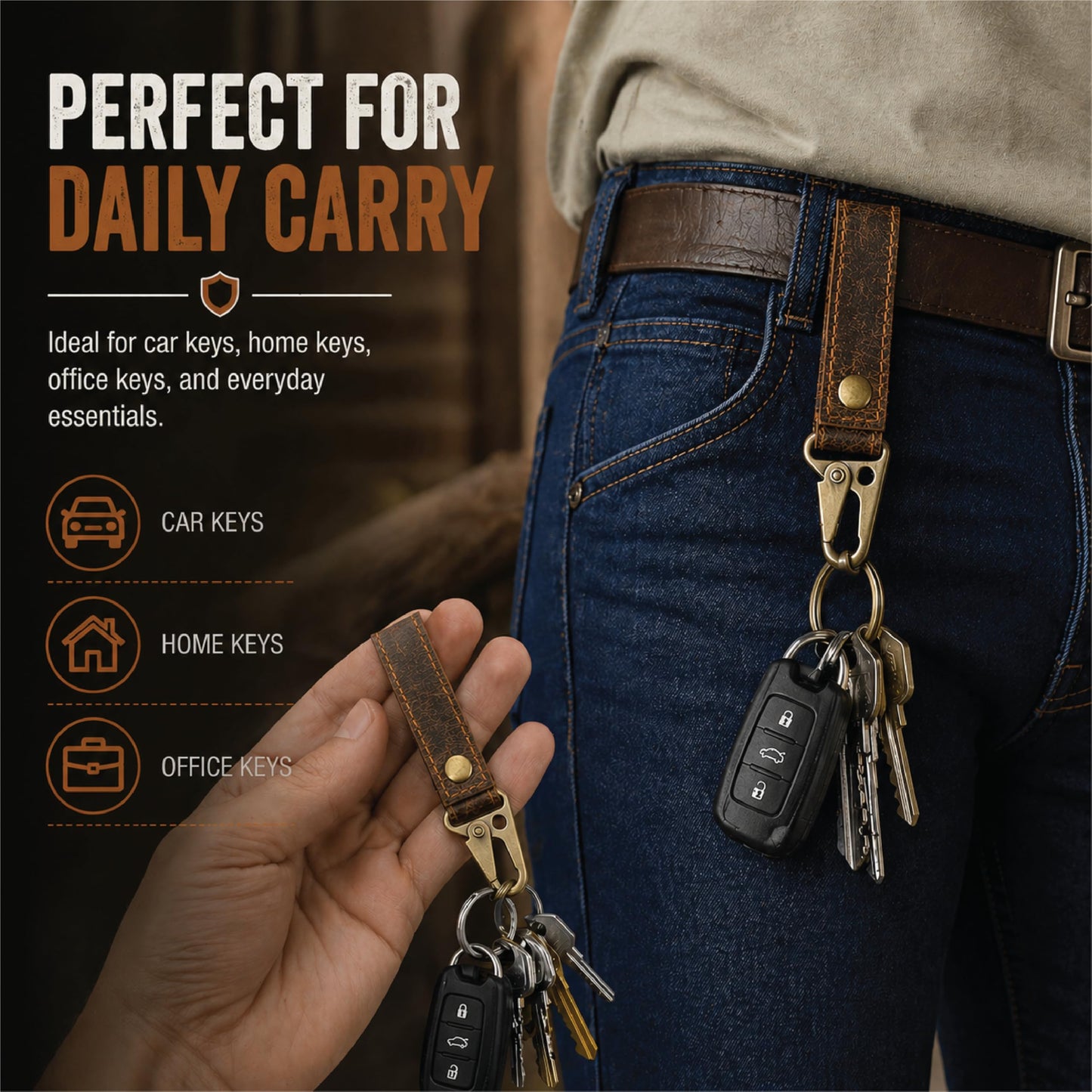TheAntiq Genuine Leather Key Organizer with Dog Hook - Handmade Key Holder Clip with Snap Strap, Durable Leather Keychain for Belt, Bag & Everyday Carry (Brown)