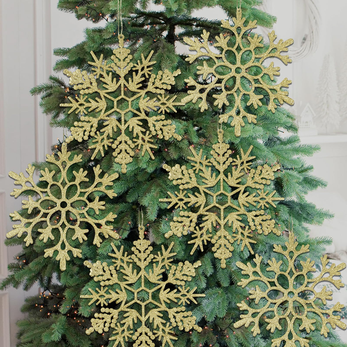 6pcs Large Gold Snowflakes Ornaments 12" Big Plastic Glitter Snowflake for Winter Indoor Outdoor Christmas Tree Window Room Decorations Giant Craft Snowflakes