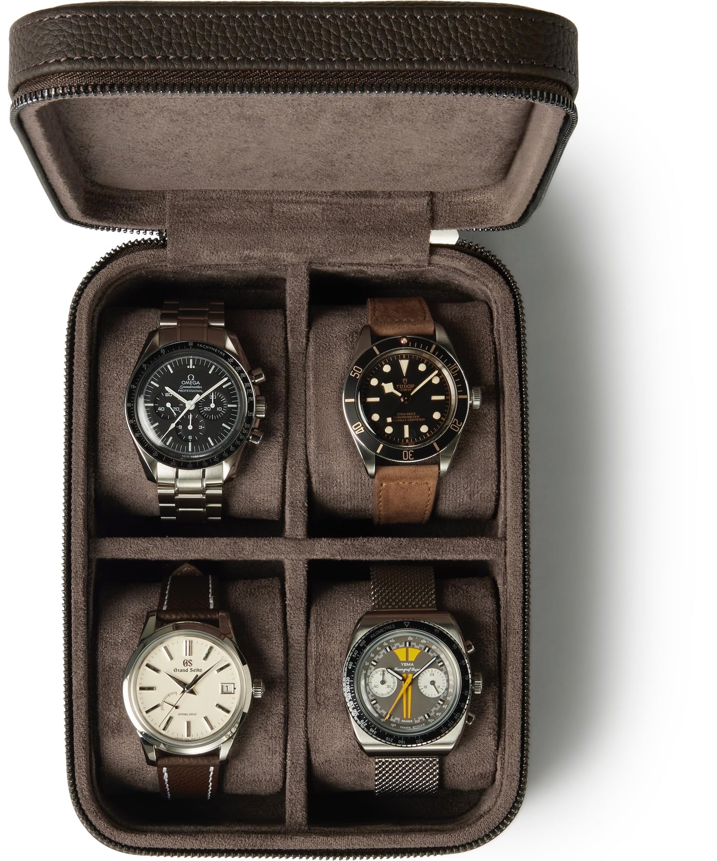 TAWBURY Watch Case - 4 Slot Genuine Top-Grain Leather Watch Box for Men & Women with Extra Wide Pillows for Large Watches - Portable Wristwatch Storage for Home & Travel (Brown)