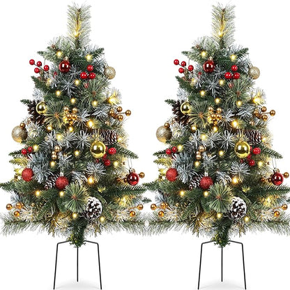 Set of 2 Outdoor Pathway Christmas Trees with Lights, Frosted Twinkle Small Easy Christmas Tree for Driveway, Entrance, Urn & Pot Filler, Front Porch, Yard, Garden Outside Holiday Decoration