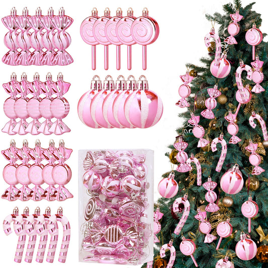 Christmas Candy Cane Lollipop Ornaments for Christmas Tree 30Pcs Xmas Plastic Peppermint Christmas Tree Hanging Ball Pendants for Xmas Party Indoor New Year Holiday Home Decorations (Pink)