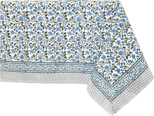 ATOSII Lake Como 100% Cotton Square Summer Tablecloth, Block Print Floral Linen Table Cloth for Kitchen Dining Table I Parties Weddings Outdoors I 60 X 60 Inches I 4 Seater I