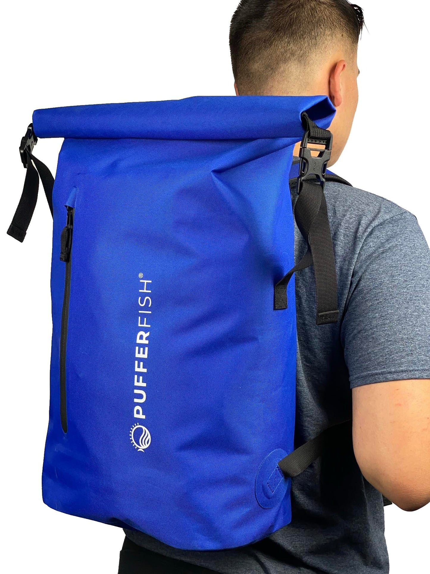 PUFFERFISH 35L Waterproof Roll-Top Beach Backpack - Sandproof Dry Bag Daypack for Beach, Pool, Boat & Travel - Padded Back & Straps, Multiple Pockets, Recycled Plastic, Blue