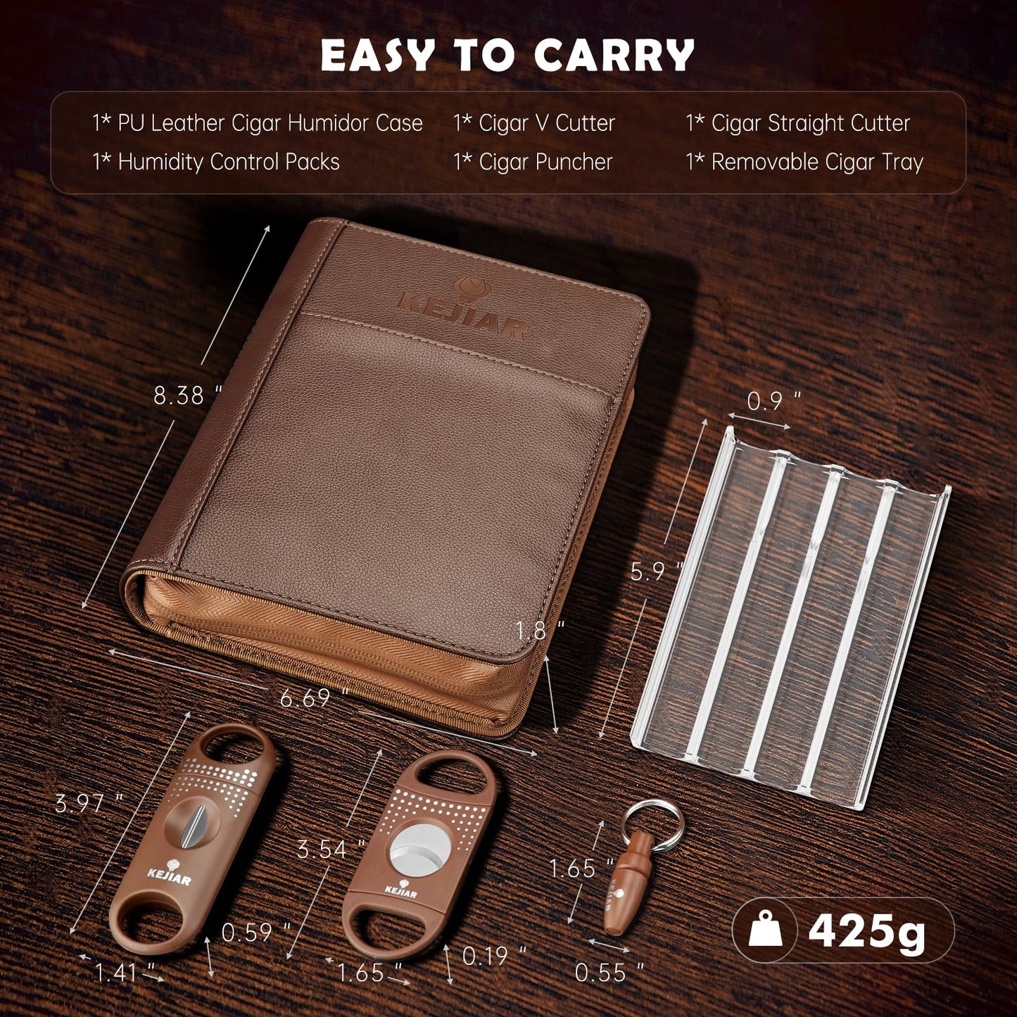 KEJIAR Cigar Humidor Case, Portable Cigar Box with Straight Cutter, V Cutter, Hole Puncher, Humidifier Packs, Travel Humidor and Cigar Accessories Gift Set Leather Cigar Case (Brown)