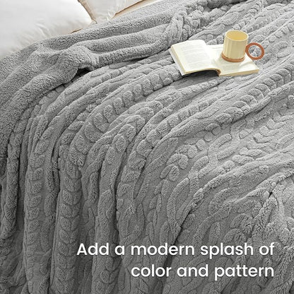 PHF Fluffy Sherpa Blanket King Size for Winter, Warm and Soft, 510GSM 3D Jacquard Thick Shaggy Fleece Plush Blanket for Sofa Bed, Grey, 108"x90"