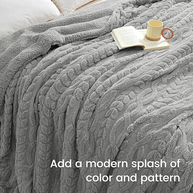 PHF Fluffy Sherpa Blanket Queen Size for Winter, Warm and Soft, 510GSM 3D Jacquard Thick Shaggy Fleece Plush Blanket for Sofa Bed, Grey, 90"x90"