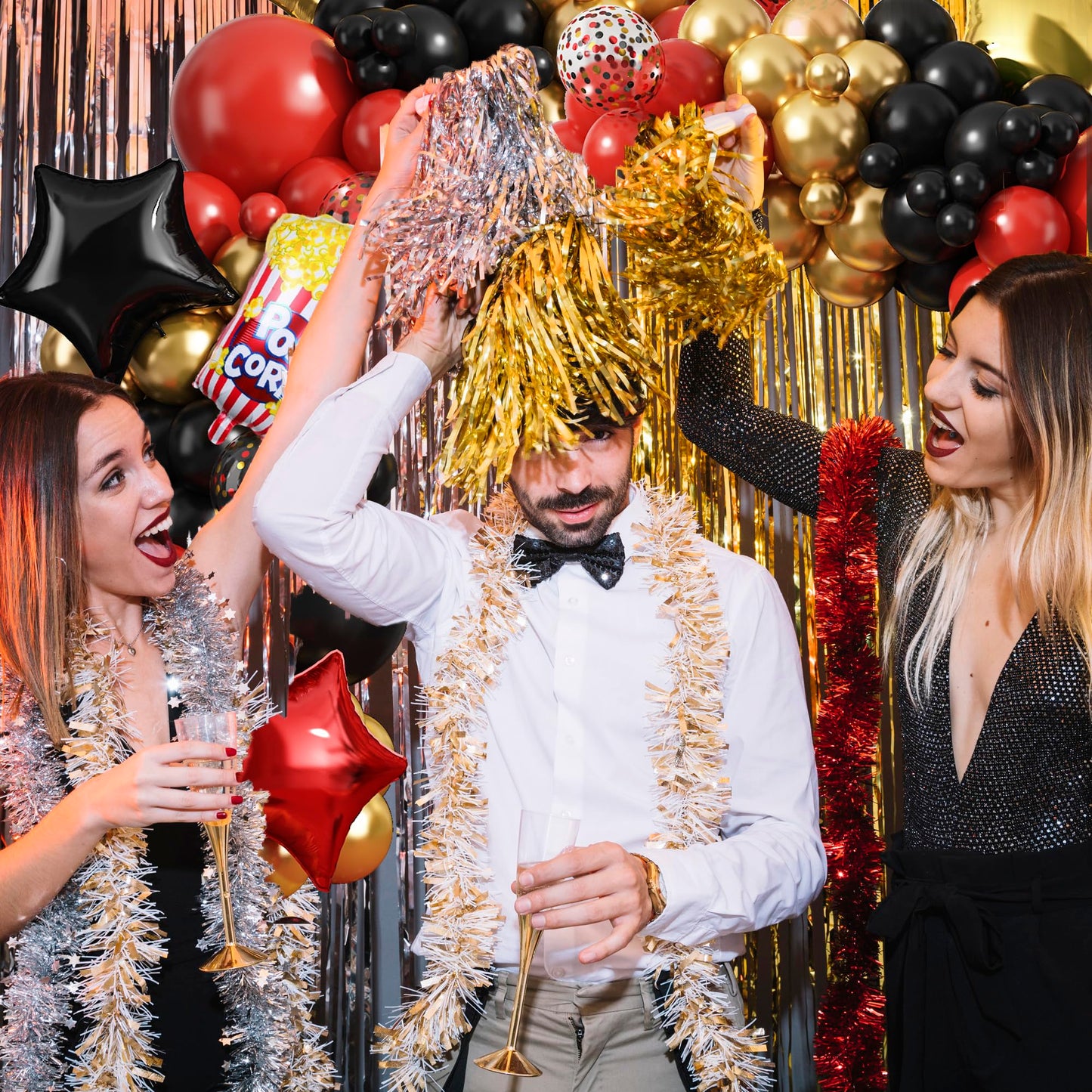 Movie Night Balloon Garland Arch Kit, Red Black Gold Confetti Balloons with Camera Star Popcorn Foil Balloons for Birthday Anniversaries Movie Theme Film Party Decorations