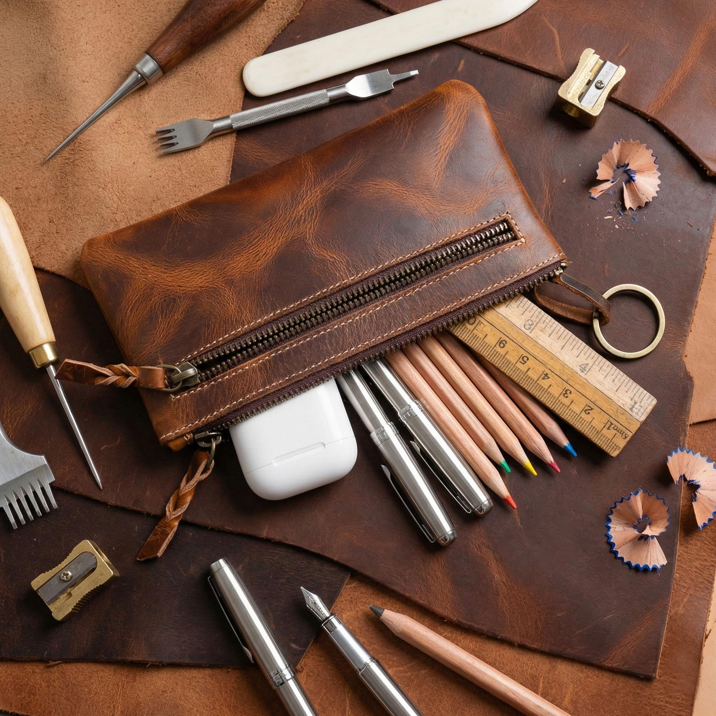 LEATHER TOWN Leather Pencil Case Pouch 8" x 4" - Leather Pen Case with Zipper (Brown)