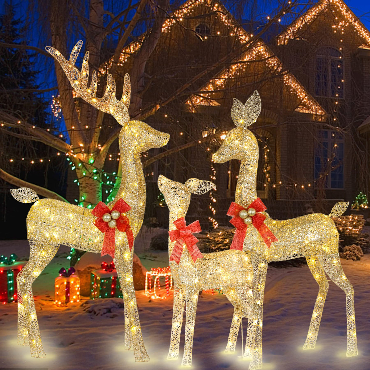 Lighted Christmas Decoration Deer 3 Piece, HOYECHI Light up Christmas Decor Reindeer Family Set for Indoor Outdoor Front Yard Porch with LED Lights, Plug, Ground Stakes - Gold