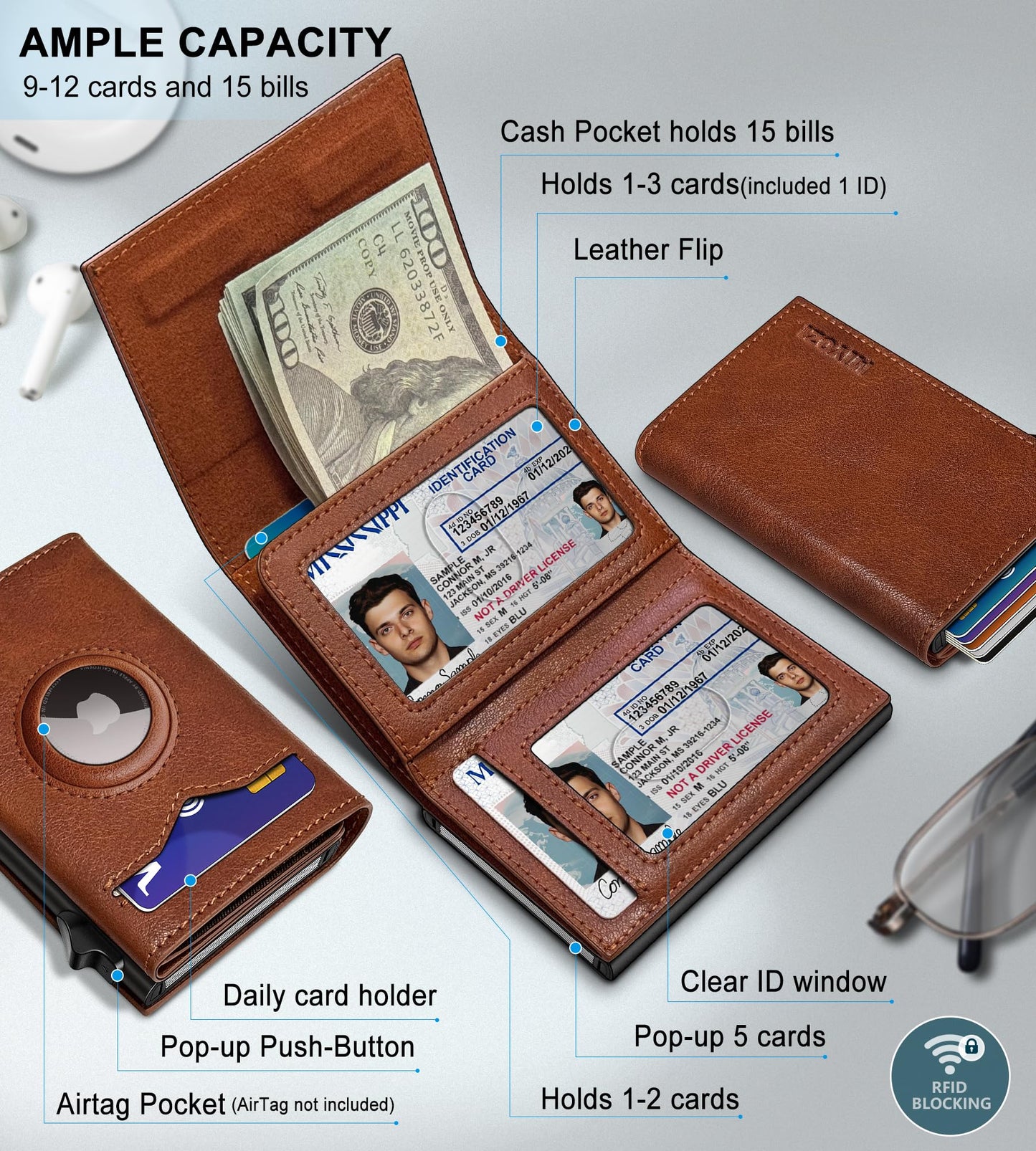 miyozi Airtag Wallet for Men,with Cash Pocket 2 ID Window 9-12 Cards,Metal Case Smart Slim Pop Up Credit Card Holder Flip with Magnetic Closure RFID Blocking Trifold wallet with Gift Box