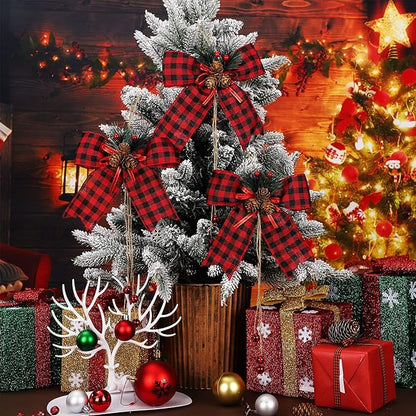 Xinnun 4 Pieces Christmas Buffalo Plaid Bows with Pine Cones Pine Needles Xmas Plaid Bow Ornament Christmas Tree Wreath Decoration for Holiday Parties DIY Crafts Home Decor (Red,Black)