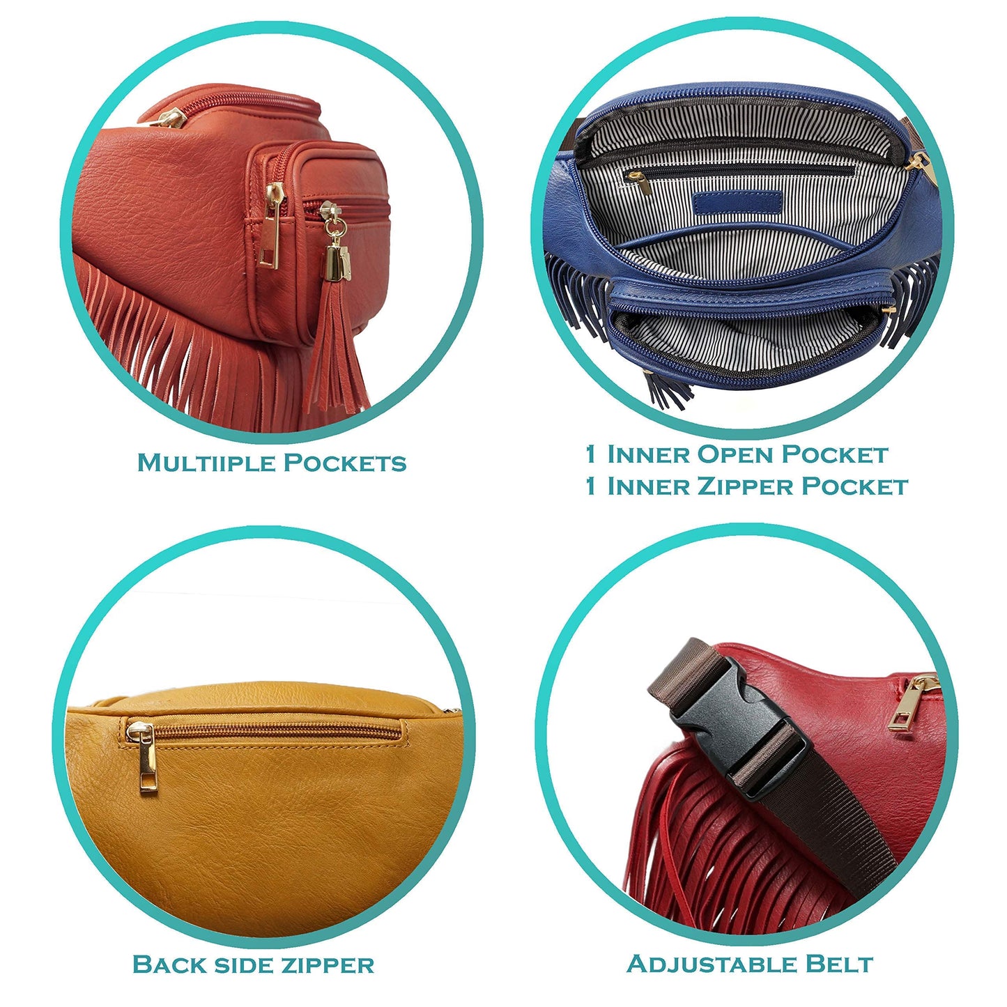 Solene Fringe Waist bag for women with Multi Zipper Pockets - (KL088, Coffee)