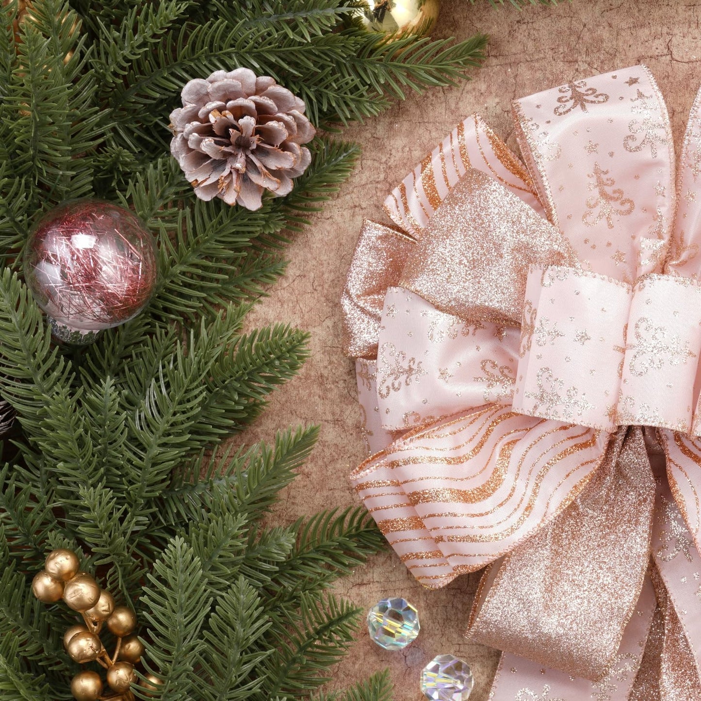 Christmas Tree Topper, 32x12 inch Large Toppers Single Sided Bow with Glitter Satin Mesh Streamer, Rose Gold Christmas Tree Topper for Christmas Home Decoration (Rose Gold)