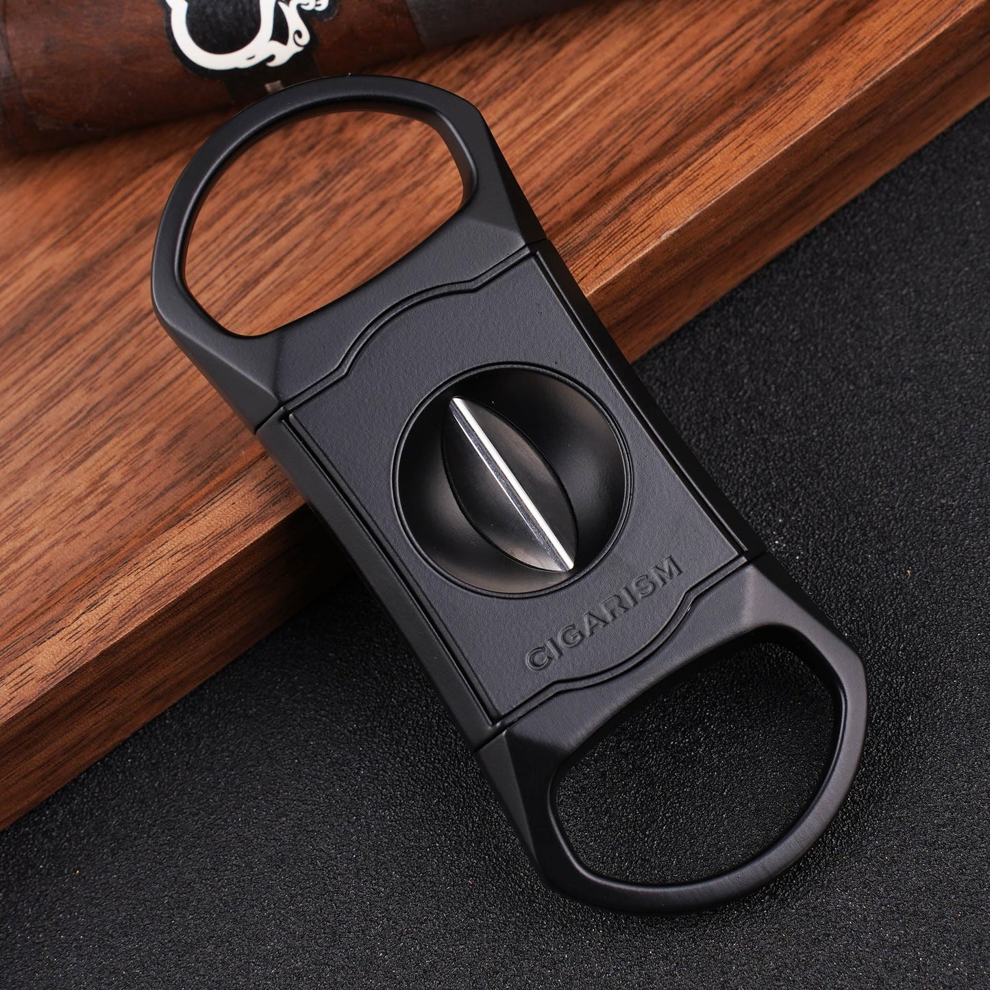 CIGARISM V-Cut Cigar Cutter Stainless Steel Blade, Up to 60+ Ring Gauge in Leather Gift Case (Black)