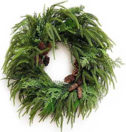 24 Inch Real Touch Norfolk Pine Wreaths for Front Door, Soomeir Artificial Christmas Wreath Green Faux Pine Wreath for Wall Windows Mantle Outdoor Christmas Decoration