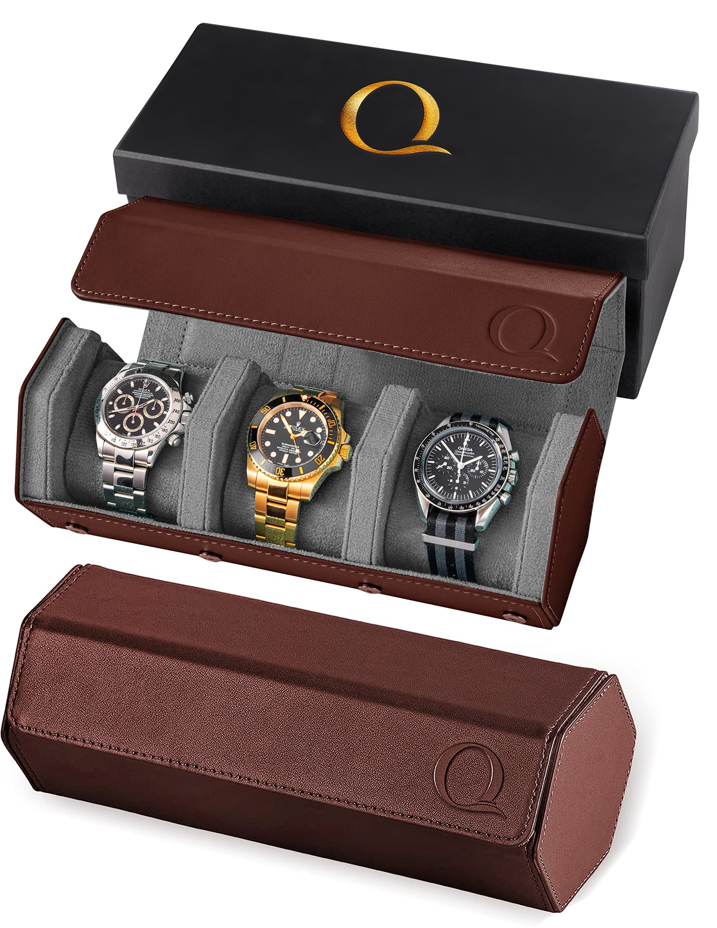 QWATCHBANDS Napa Leather Watch Rolls for Men - Hexagon Triple Watch Roll Travel Case for 3 Watches - Storage Organizer Genuine Leather with Velvet Interior Display (Brown/Gray)