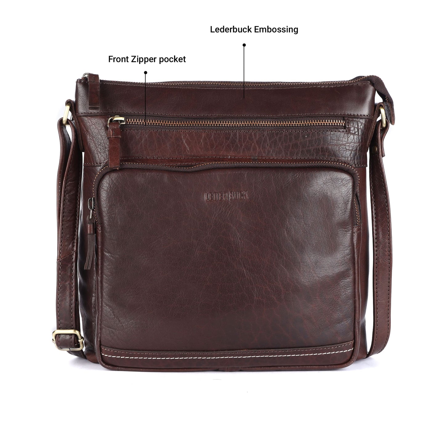 LEDERBUCK Olga Women's Extra-Large Genuine Leather Crossbody Purse – Soft Triple-Zip Shoulder Bag (Brown)