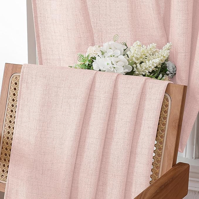 Tollpiz Short Linen Curtain Bedroom Rod Pocket Semi Sheer Curtains Burlap Light Filtering Thick Linen Drape for Living Room, 38 x 54 inches Long, Pink, Set of 2 Panels